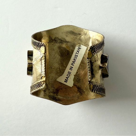 Vintage Handcrafted Laois Lazuli Inlay Gold Tone Tribal Cuff Bracelet - Picture 8 of 9